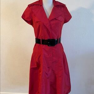 Rickie Freeman Teri Jon ,Red Button-Front Shirt Dress with Black Belt